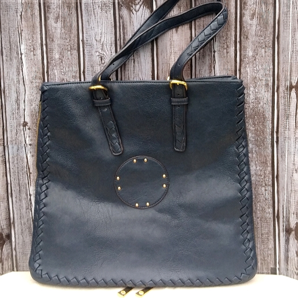 Leather Messenger Tote Bag Expandable Convertible Bag Navy Blue
